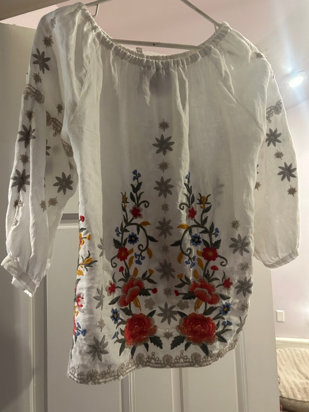 Johnny Was White Embroidered Peasant Blouse with Multicolor Floral Stitching - Picture 3 of 3
